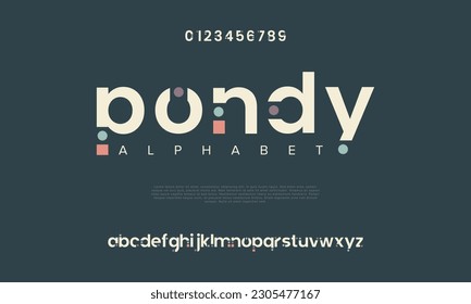 Alfabeto de letras del logo de tecnología digital abstracta de Pondy. Fuentes urbanas modernas mínimas para logotipo, marca, etc. Tipografía tipo de letra mayúsculas minúsculas y número. ilustración vectorial