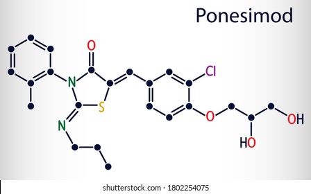 Ponesimod, experimental anti-inflammatory drug molecule. Treatment of multiple sclerosis MS and psoriasis. Skeletal chemical formula. Vector illustration