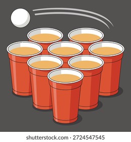 Juego de Pong Set con tazas de plástico rojo y Flying Ping Pong Ball Fun Party Competition Activity Concept Vector plano