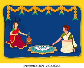 Pongal Celebration Background With Faceless South Indian Women Cooking And Making Rangoli.