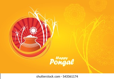 Pongal Design Template with Rice Mud Sugarcane and Sun in Abstract Yellow Background, South Indian Festival Happy Pongal Template