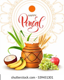 Pongal festival composition on white. Makar Sankranti background. Vector illustration.