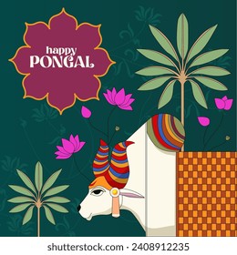 Pongal Festival Greeting Card: Radiant Turmeric Tones and Sugarcane Hues Set the Stage, Centered Around a Overflowing Clay Pot, Symbolizing the Rich Tradition of Pongal Delicacies.