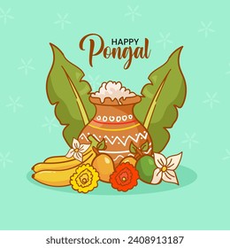 Pongal Festival Greeting Card A Tapestry of Harvest Abundance in South India, Featuring Sugarcane, Bananas, Coconuts, and a Symbolic Boiling Pot of Milk.
