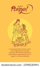 pongal festival mother and daughter line drawing illustration