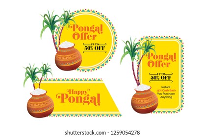 Pongal Festival Offer  Banner, Sticker, Label Design Collection Set with 50% Discount Tag