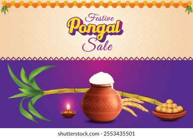 Pongal Festive Celebration With Rice Mud Pot, Wheat Ear, Sugarcane And Oil Lamp On Beige Background. Grand Indian  Festival Offer Sale Landing Page Vector Illustration For E-commerce, Greetings