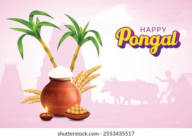 Pongal Festive Celebration With Rice Mud Pot, Wheat Ear, Sugarcane And Oil Lamp On Pink Color Background. Grand Indian  Festival Offer Sale Landing Page Vector Illustration For E-commerce, Greetings