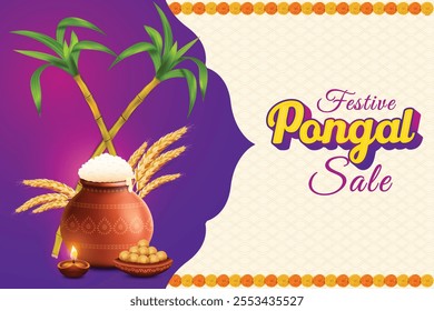 Pongal Festive Celebration With Rice Mud Pot, Wheat Ear, Sugarcane And Oil Lamp On Beige Background. Grand Indian  Festival Offer Sale Landing Page Vector Illustration For E-commerce, Greetings