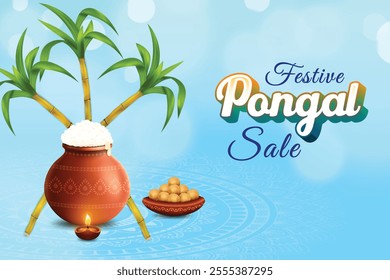 Pongal Festive Celebration With Rice Mud Pot, Sugarcane And Oil Lamp On Blue Color Background. Grand Indian  Festival Offer Sale Landing Page Vector Illustration For E-commerce, Web, Greetings Card