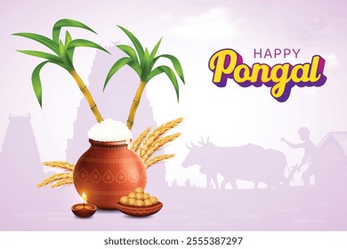 Pongal Festive Celebration With Rice Mud Pot, Wheat Ear, Sugarcane And Oil Lamp On Purple Background. Grand Indian  Festival Offer Sale Landing Page Vector Illustration For E-commerce, Greetings