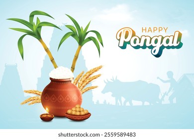 Pongal Festive Celebration With Rice Mud Pot, Wheat Ear, Sugarcane And Oil Lamp On Blue Color Background. Grand Indian  Festival Offer Sale Landing Page Vector Illustration For E-commerce, Greetings