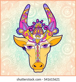 pongal floral paisley pattern with cow to occasion of south Indian harvesting festival holiday design, greeting card, celebration, vector illustration