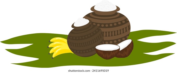 Pongal greeting icon with milk pots and coconut on the banana leaf
