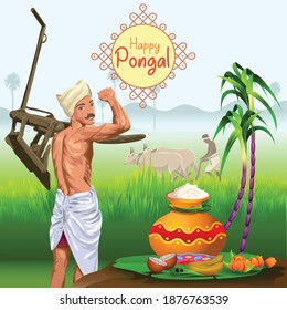 Pongal Greetings with farmer in paddy field and sugarcane