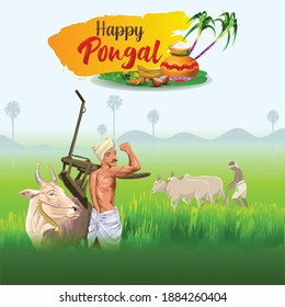 Pongal Greetings with ploughing farmer