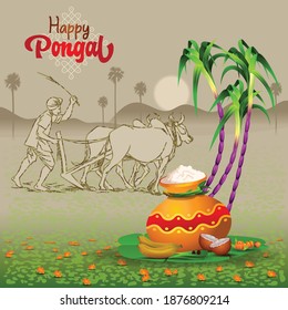 Pongal Greetings with ploughing farmer, pot, sugarcane and traditional things