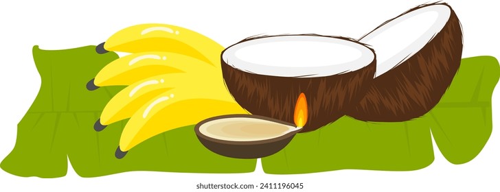 Pongal greets with milk pots, and coconuts. oil lamp and bananas on a banana leaf. 