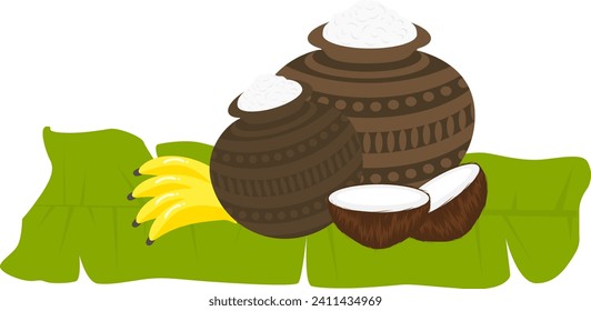 Pongal greets with milk pots, and coconuts. oil lamp and bananas on a banana leaf. 