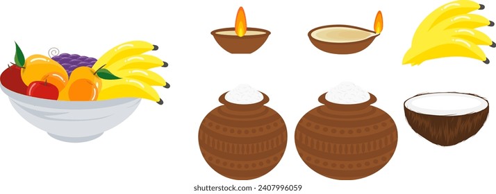 Pongal Icon Set inklusive Obst, Tonöllampe, Milchtopf und Banane. 