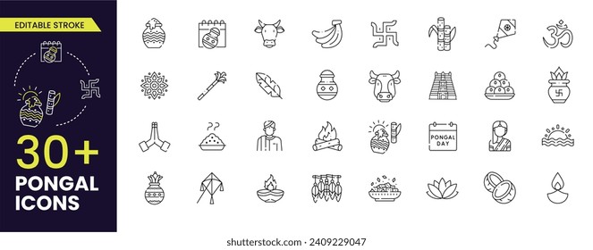 Los íconos de Pongal contienen: Vaca, olla pongal, caramelos, olla, Diya, Cometa y más. ilustraciones vectoriales, trazo modificable. Colección de iconos de trazo.