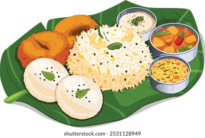 Pongal, Idli e Vada com Sambar, Coconut Chutney e Gotsu serviram em uma folha inteira de banana. tradicional sul indiano Tamil café da manhã ilustração detalhada 