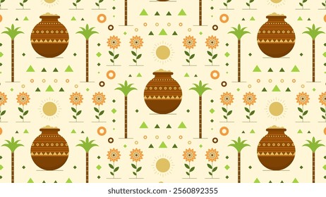 Pongal pattern design with pots, flowers, leaves, and more. Vector illustration.