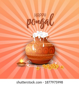 Pongal Poster Design. Pongali Rice In Mud Pot, Oil Lamp On Background For Pongal Celebration.