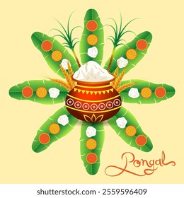 A Pongal pot filled with milk and rice surrounded by sugarcane banana leaves and wheat stalks The word Pongal in festive font emphasizes the celebration of the harvest capturing the festive and joyful