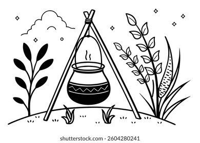 A Pongal pot with milk steaming over a wood fire white background