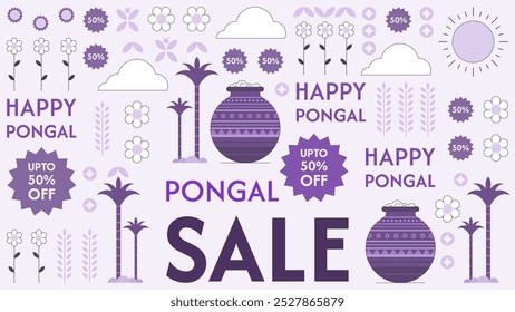 Pongal Sale projeto de fundo com cana de açúcar, trigo, pote pongal, e outras decorações. Ilustração vetorial.