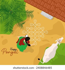 Pongal wishes with girl draw rangoli with cow in courtyard aerial view fruits pongal dish sugarcane