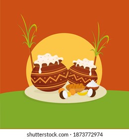 Pongali Rice In Mud Pots With Indian Sweet (Laddu) Bowl, Fruits, Sugarcane, Rice Bowl, Sun On Orange And Green Background.