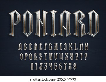 Poniard alphabet font. Medieval metal letters and numbers on a wooden background. Stock vector typescript for your typography design.