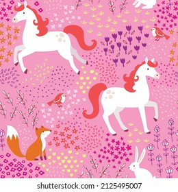 Ponies, foxes, rabbits, and birds repeat seamlessly agains a delicious pink background dappled with flowers. Seamless vector patterns are great for surface designs and backgrounds.