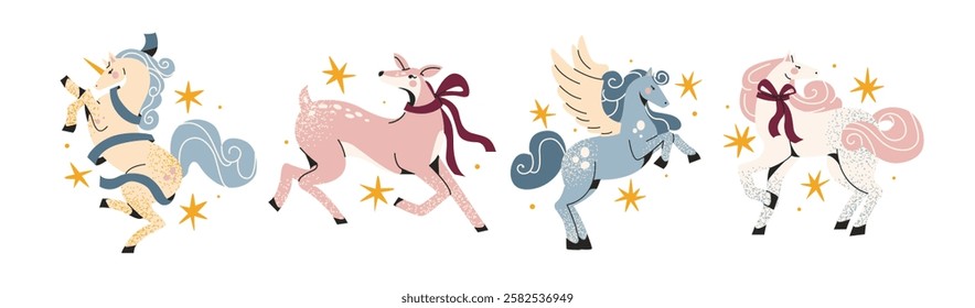 Ponies and horses in cartoon magical style. Fictional unicorns, pegasus with wings, Scottish animals with patterns. Bright zoo pets of the wild nature. Retro stickers in doodle style.