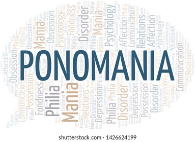 Ponomania word cloud. Type of mania, made with text only.