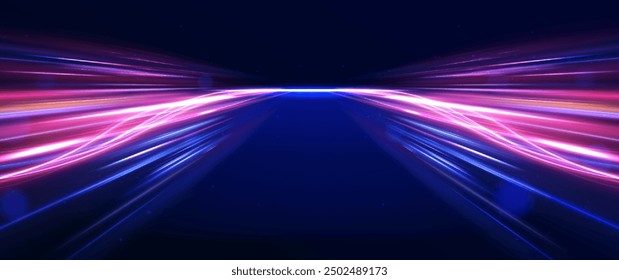 Ponomatic neon vector illustration in sporty style of futuristic technologies. Bright glowing line of new technologies on dark background in neon colors. 