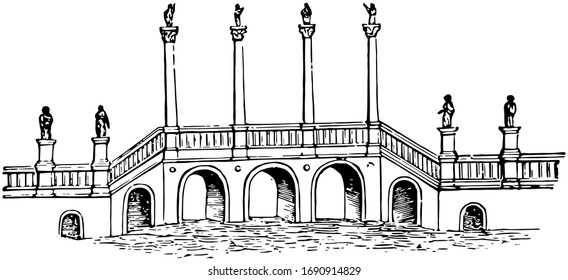 Pons Aelius known to them only to a limited extent, auxiliary castra and small Roman settlement, north bank of the River Tyne, vintage line drawing or engraving illustration.