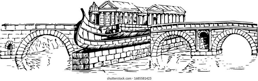 Pons Cestius, die Durchfahrt in einer römischen Brücke, ihre war gewöhnlich schmale, moderne Strukturen der gleichen Art, Aussehen auf dem Pluteus in der Basilika, Vintage-Linie Zeichnung oder Gravitation Illustration
