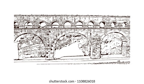 The Pont du Gard is an ancient Roman aqueduct that crosses the Gardon River near the town of Vers-Pont-du-Gard in southern France. Hand drawn sketch illustration in vector.