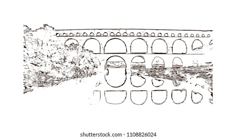 The Pont du Gard is an ancient Roman aqueduct that crosses the Gardon River near the town of Vers-Pont-du-Gard in southern France. Hand drawn sketch illustration in vector.