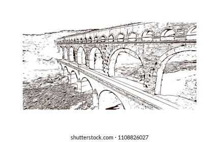 The Pont du Gard is an ancient Roman aqueduct that crosses the Gardon River near the town of Vers-Pont-du-Gard in southern France. Hand drawn sketch illustration in vector.