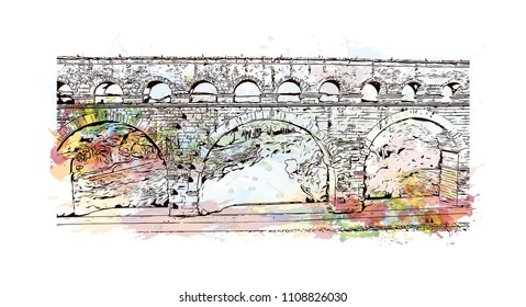 The Pont du Gard is an ancient Roman aqueduct that crosses the Gardon River near the town of Vers-Pont-du-Gard in southern France. Watercolor splash with Hand drawn sketch illustration in vector.
