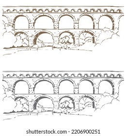 Pont Du Gard Is An Ancient Roman Aqueduct. Hand Drawn Roman Aqueduct Vector Illustration
 svg