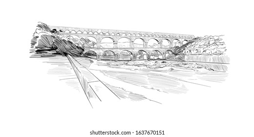 Pont du gard aqueduct. France. Historic architecture. Hand drawn sketch. Vector illustration. svg