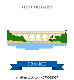 Pont du Gard en Francia. La vista histórica estilo caricatura plana muestra la atracción sitio web ilustración vectorial. Las ciudades del mundo vacaciones viajes colección de turismo.