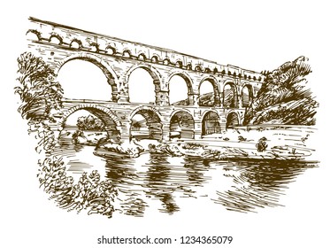 Pont du Gard, France. Hand drawn illustration. svg