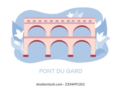 Pont du Gard, Francia Viajando a Francia, aprendiendo francés. Lugares emblemáticos de Francia. Diseño plano, ilustración vectorial.