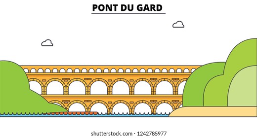 Pont Du Gard  line travel landmark, skyline, vector design. Pont Du Gard  linear illustration. 